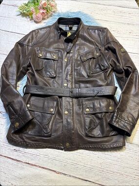 Belstaff Brown Leather Belted Military Field Motorcycle Jacket sz XL